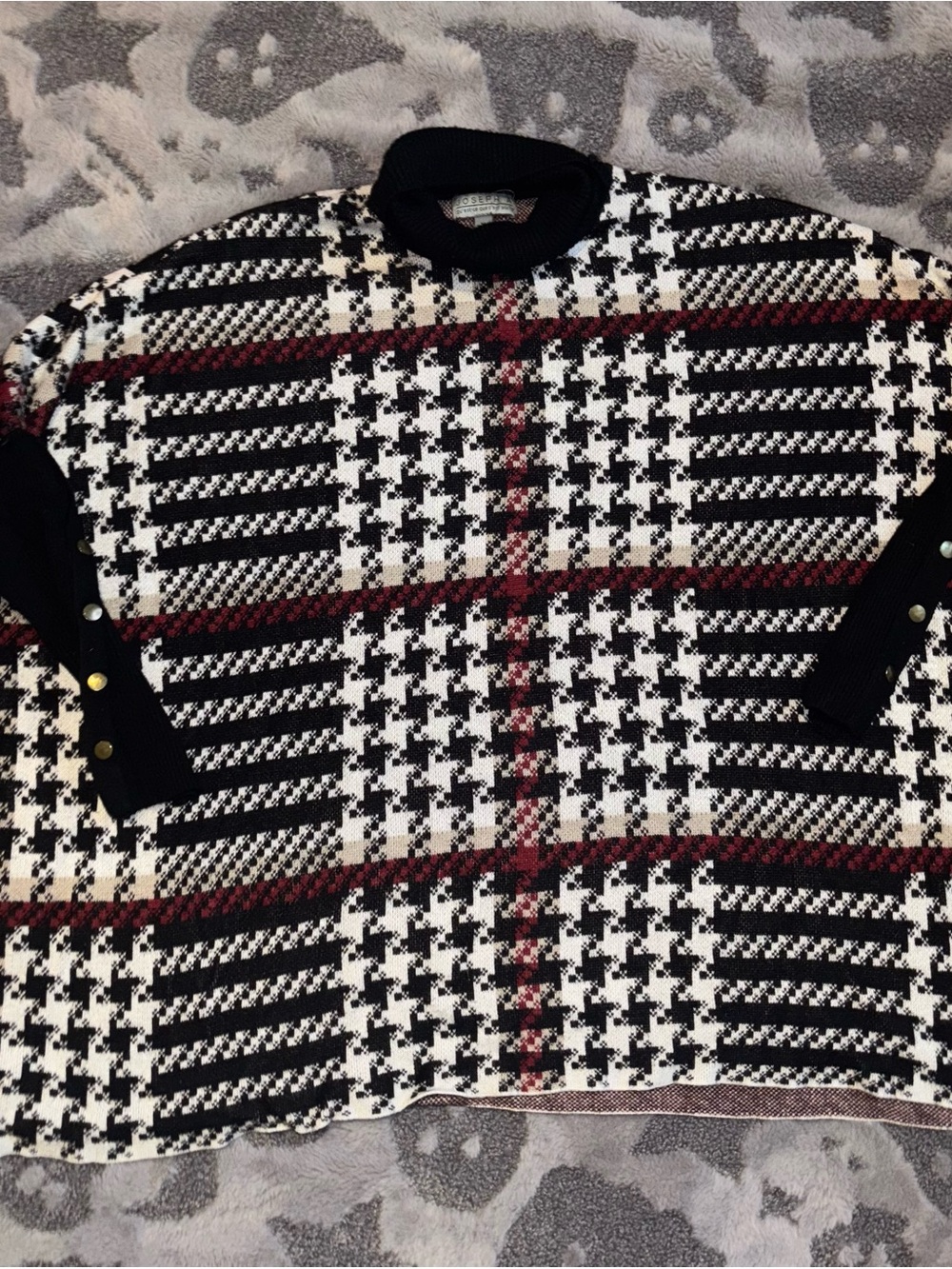 Joseph A Black, White & Red Houndstooth Turtleneck Sweater poncho ~ XL~